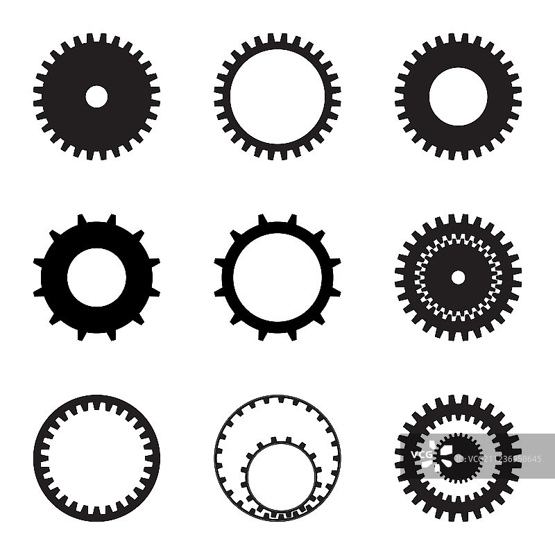 白色背景上的黑色齿轮轮廓套装图片素材