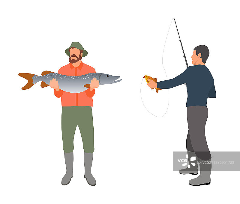 渔夫、鱼竿和鱼的素描图片素材