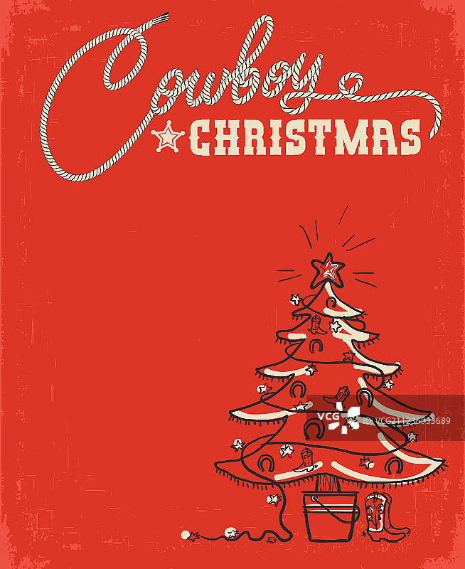 带有牛仔圣诞元素的西部红色圣诞贺卡图片素材