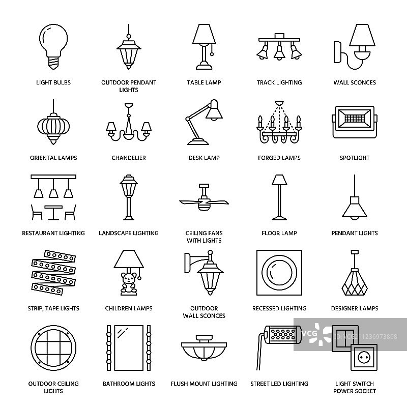 家居灯具扁平线性图标图片素材