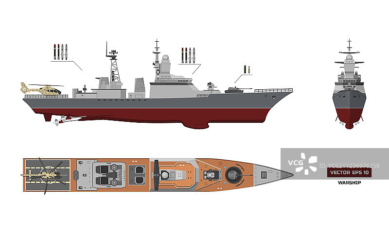 军舰顶部正面和侧面视图图片素材