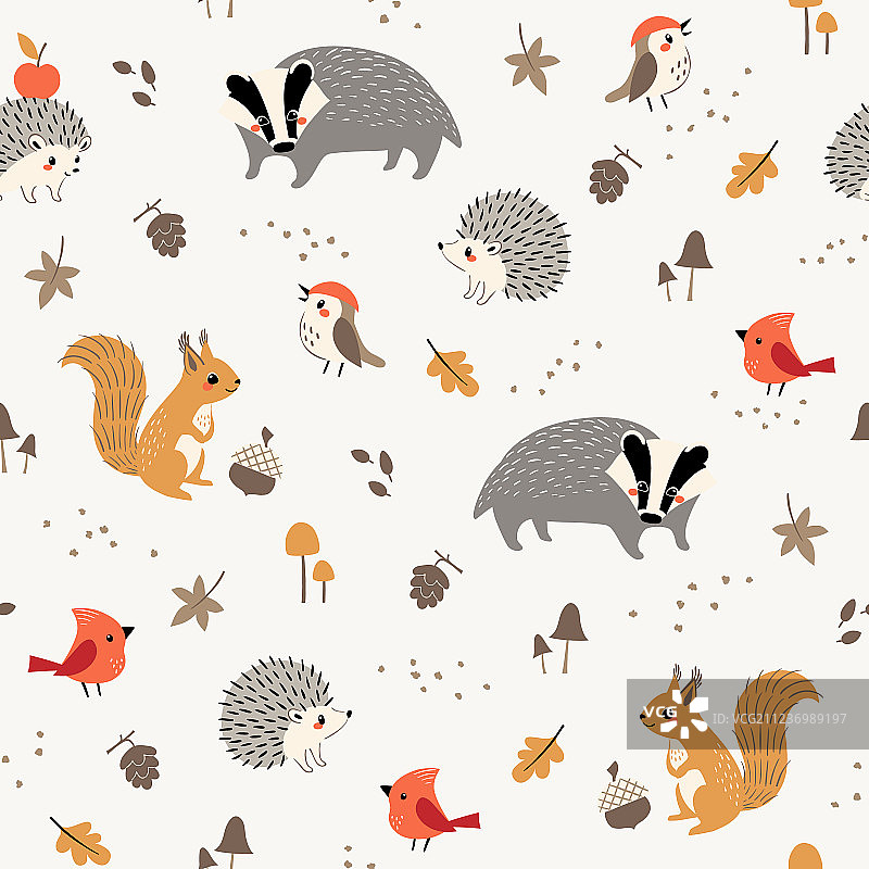 可爱小森林动物和小鸟图案图片素材