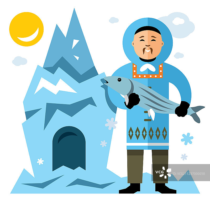 拿着鱼的微笑爱斯基摩人（扁平风格）图片素材