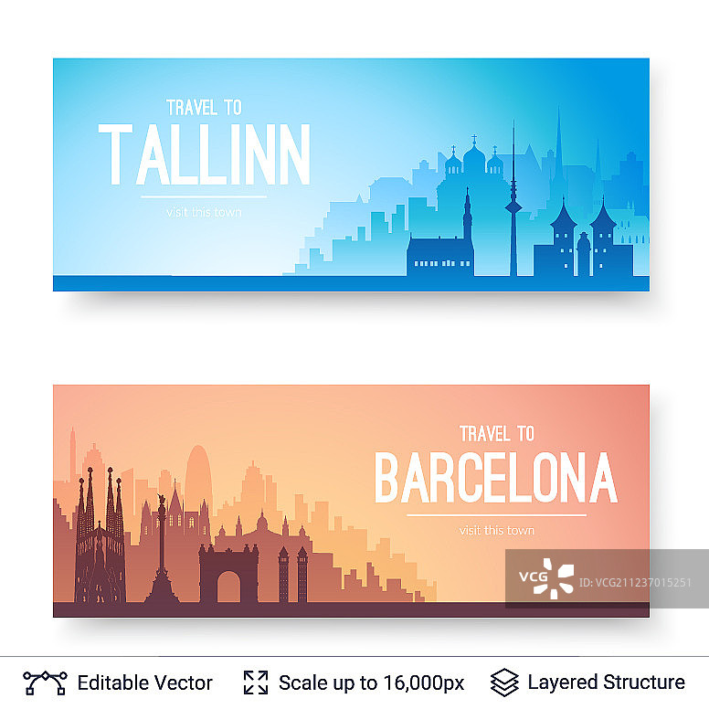 塔林和巴塞罗那著名城市景观图片素材