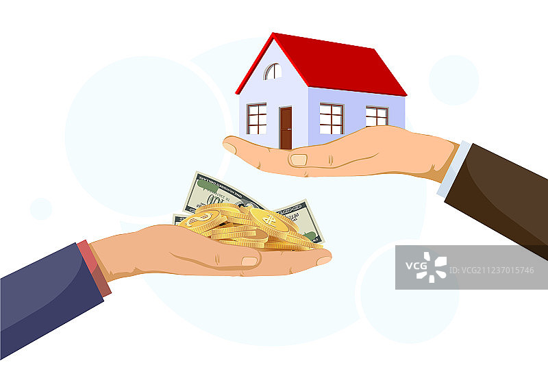 房地产商拿着楼房，买家给钱图片素材