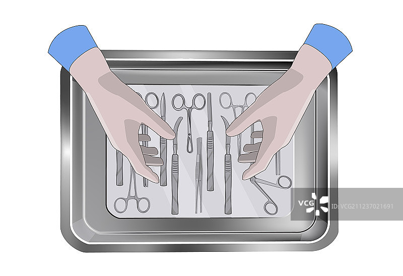 外科医生在医疗托盘上的手图片素材