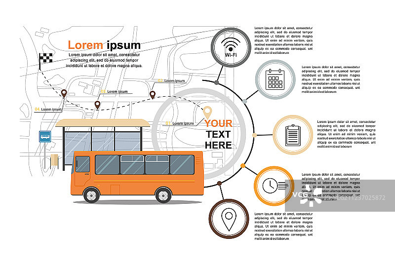 城市背景下的橙色巴士在公交车站图片素材