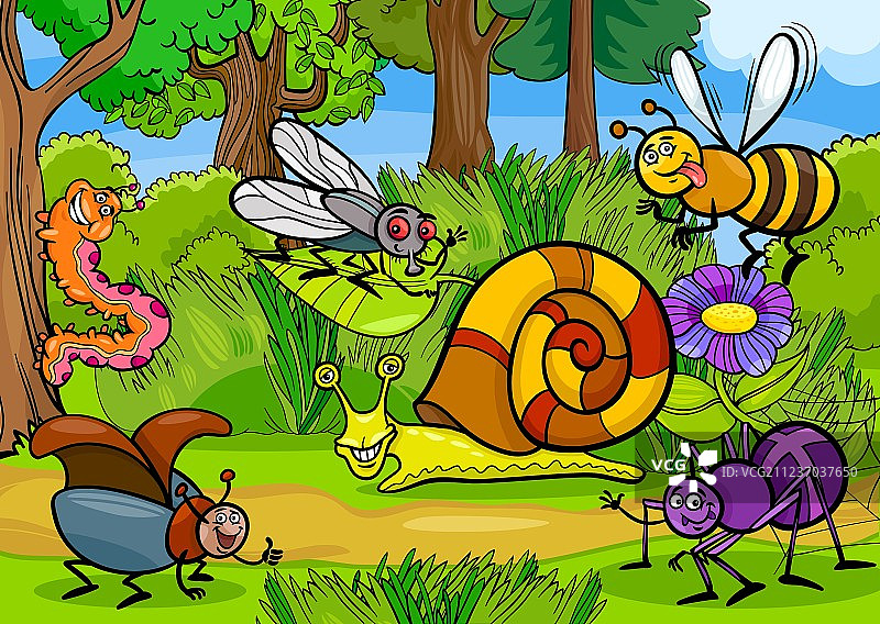 自然乡村场景中的卡通昆虫图片素材