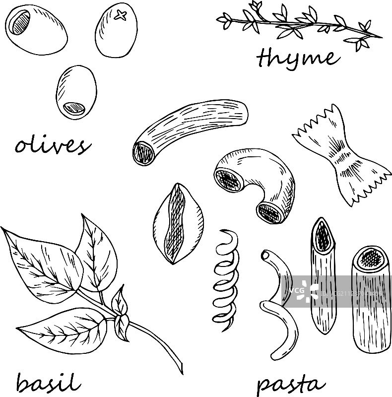 手绘的意大利面食材图片素材