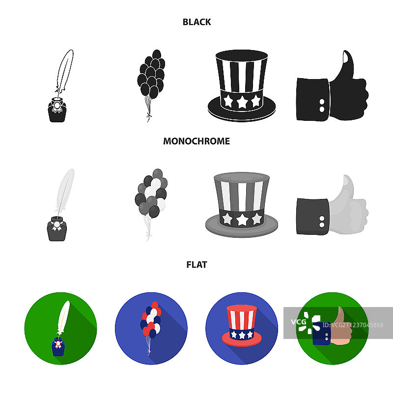 气球、墨水瓶、钢笔和山姆大叔帽子图片素材