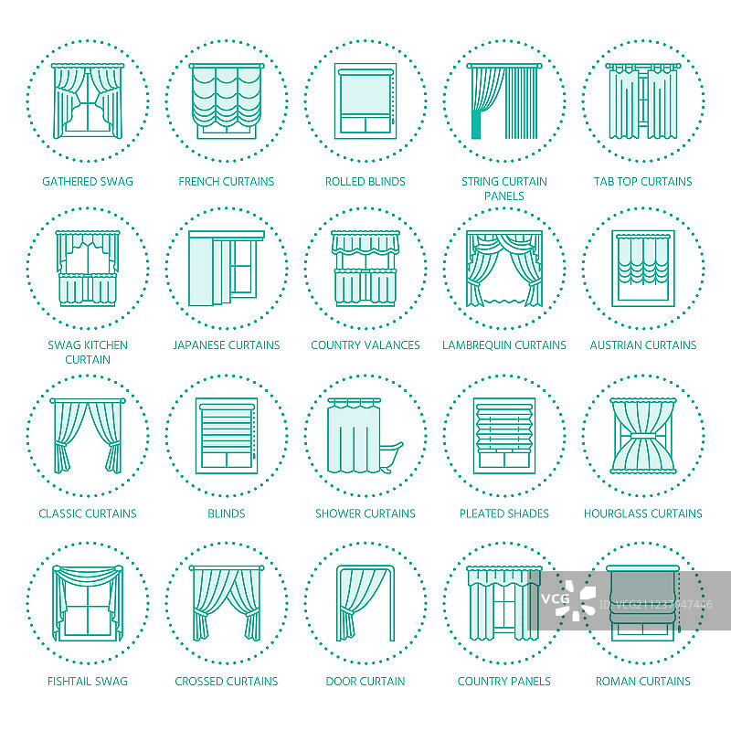 各种房间的窗帘遮阳线性图标图片素材