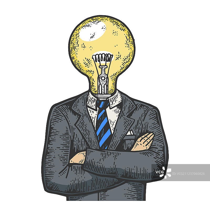 灯泡头彩色素描雕刻的商人图片素材