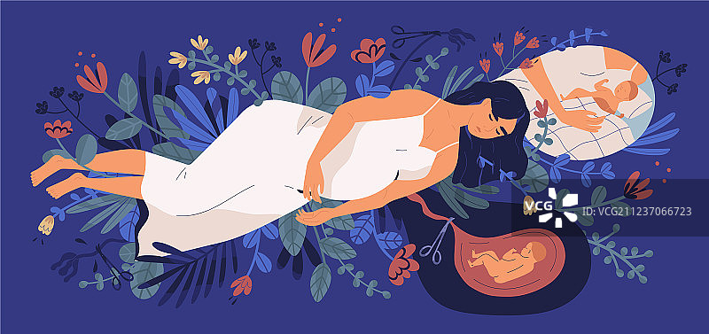 躺在盛开鲜花上的悲伤年轻孕妇图片素材