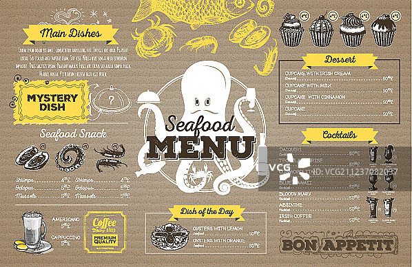 复古海鲜菜单纸板设计图片素材