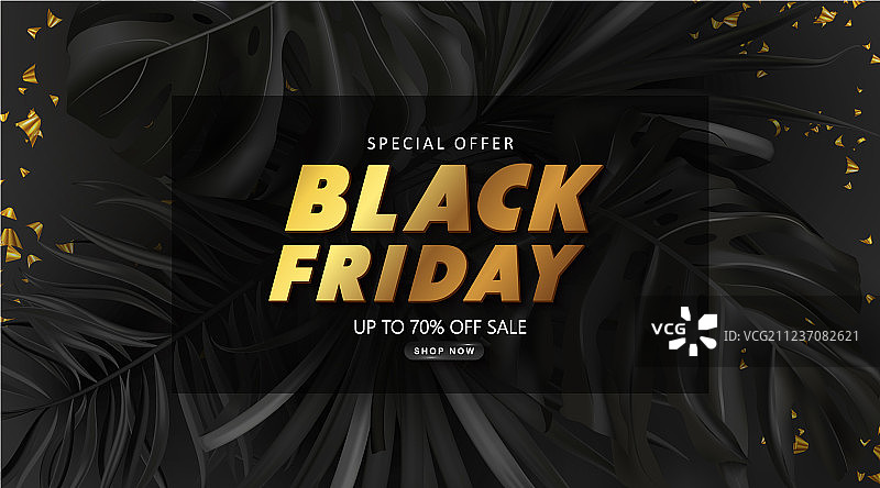 黑色星期五促销背景与热带树叶图片素材