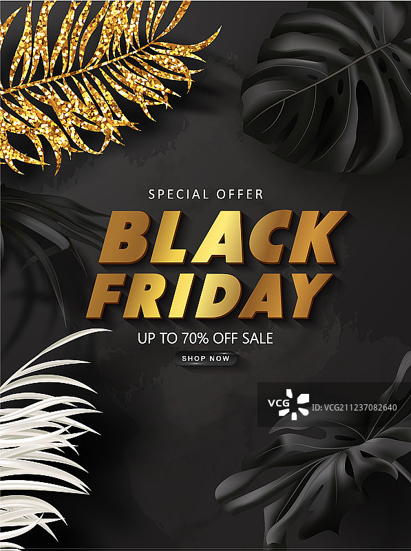 黑色星期五促销背景与热带树叶图片素材