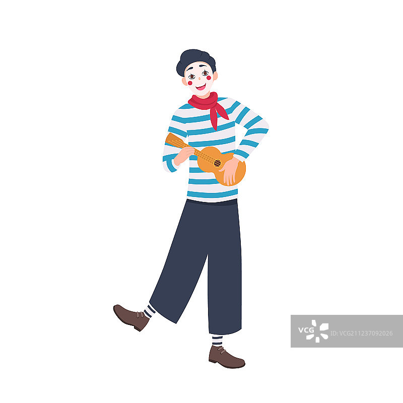 戴着贝雷帽的滑稽哑剧演员弹吉他唱歌图片素材