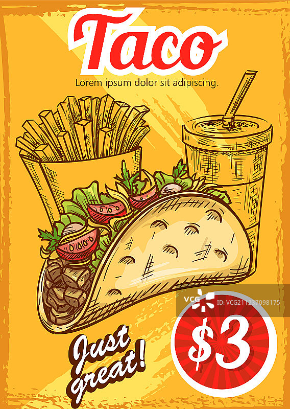 快餐炸玉米卷薯条咖啡素描菜单图片素材