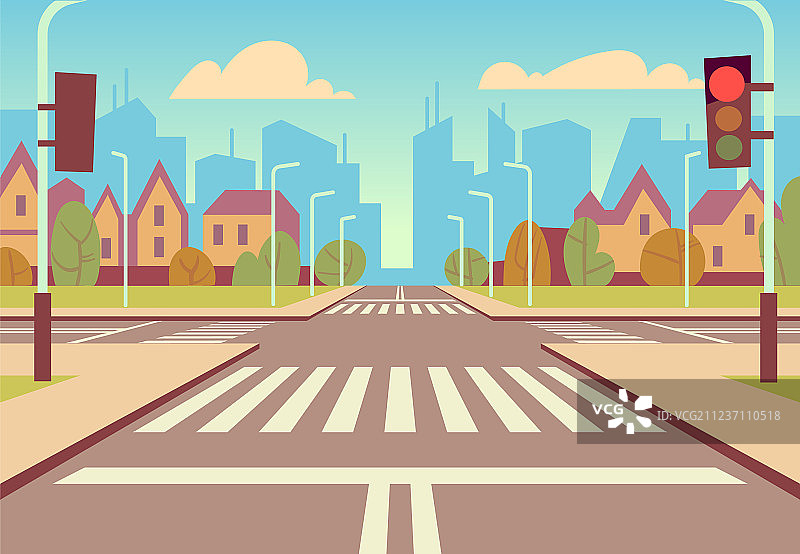 带有交通灯的卡通城市十字路口图片素材