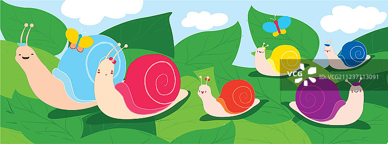 快乐的蜗牛家庭父母和四个孩子图片素材