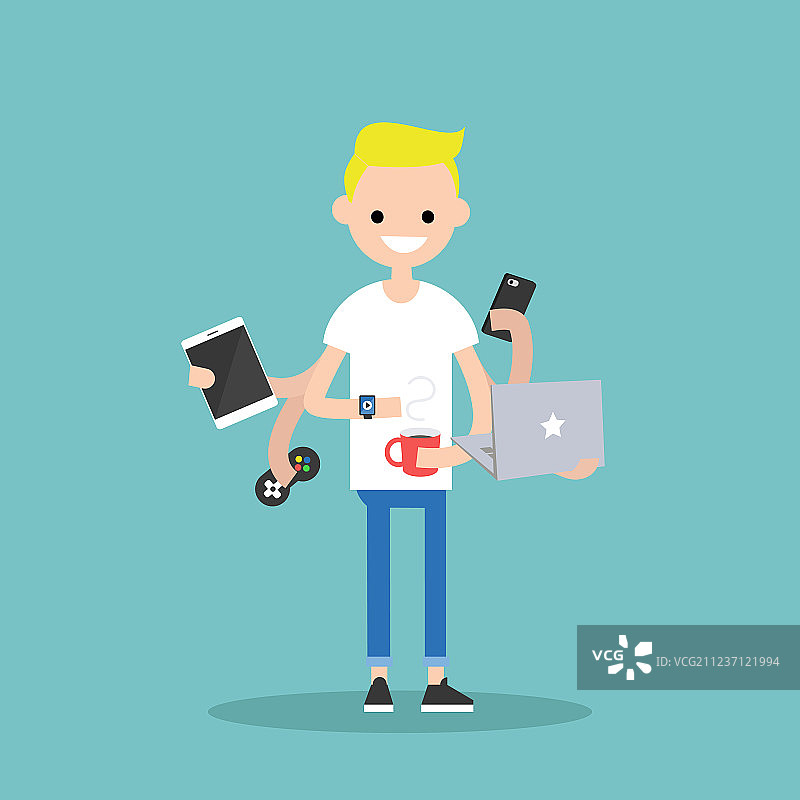 千禧一代身兼数职的概念：年轻的金发男人图片素材