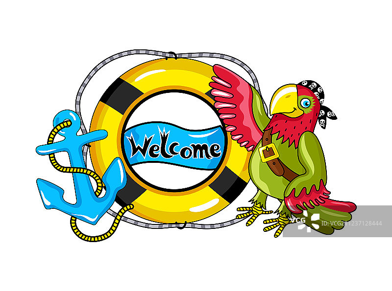 带有救生圈和锚图标的鹦鹉图片素材