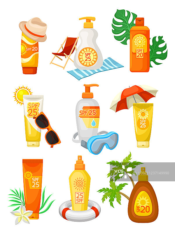 扁平风格防晒霜瓶和管套装图片素材