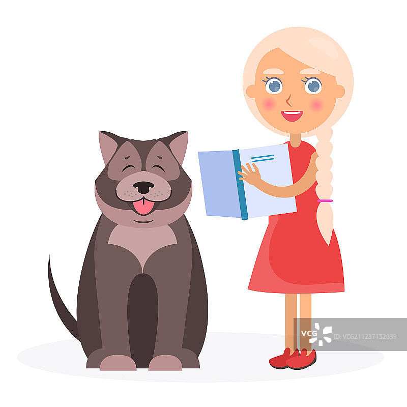 看书的女孩和白色藏獒图片素材