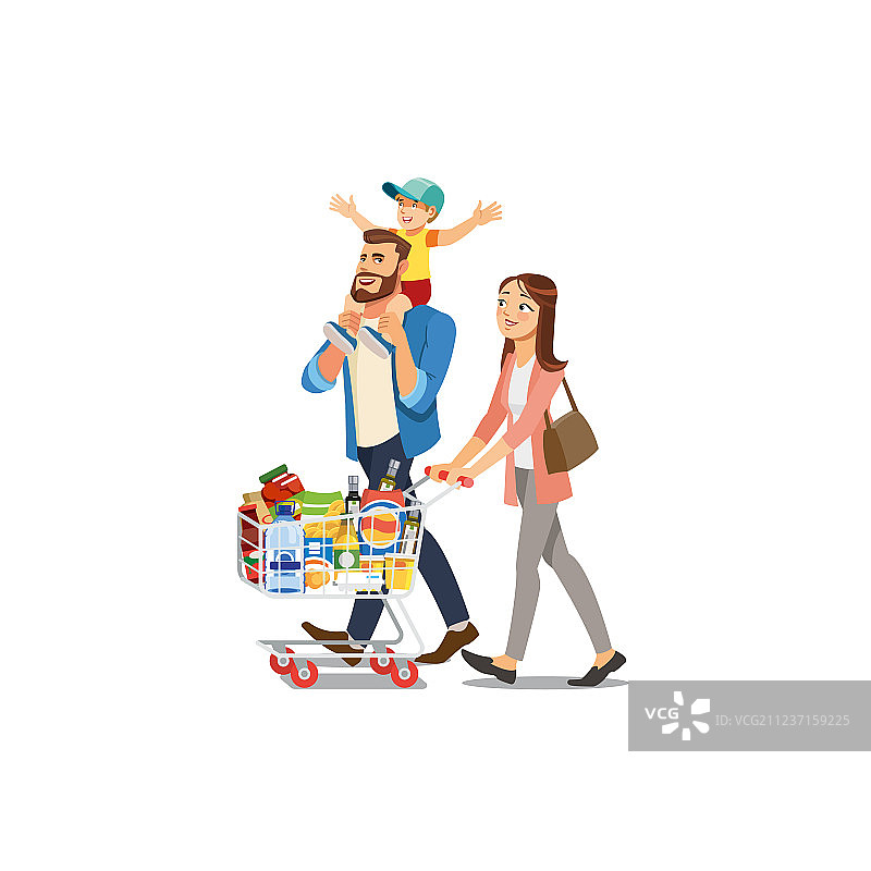 幸福的家庭在超市购买食物图片素材
