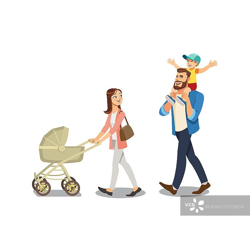 卡通家庭带孩子散步图片素材