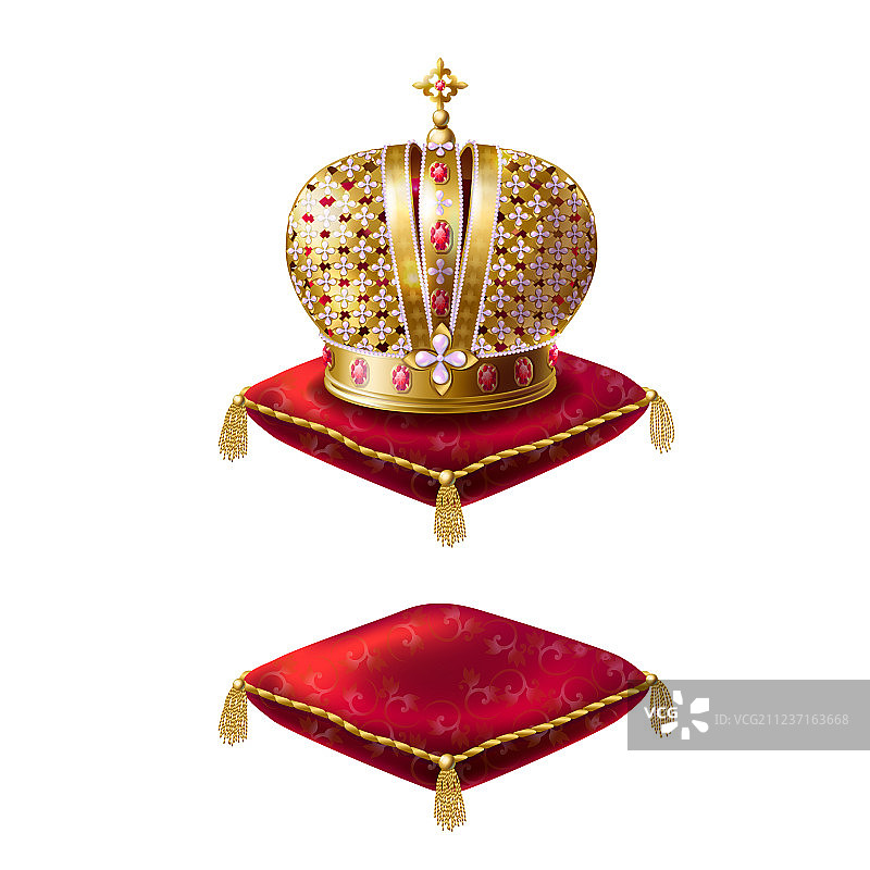 红色天鹅绒枕头上的金色皇冠图片素材