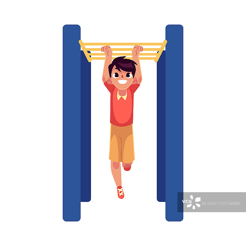攀爬单杠的白人青少年男孩图片素材