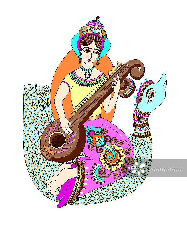 手绘印度教女神萨拉斯瓦蒂图片素材