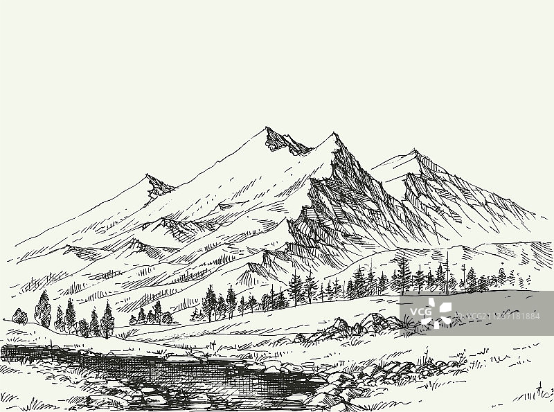 山水河流素描图片素材