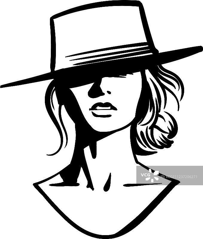 戴帽子的牛仔女孩（黑白）图片素材