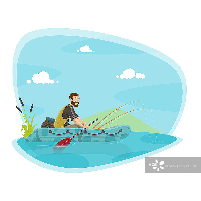 渔夫在船上用钓竿钓鱼运动图标图片素材