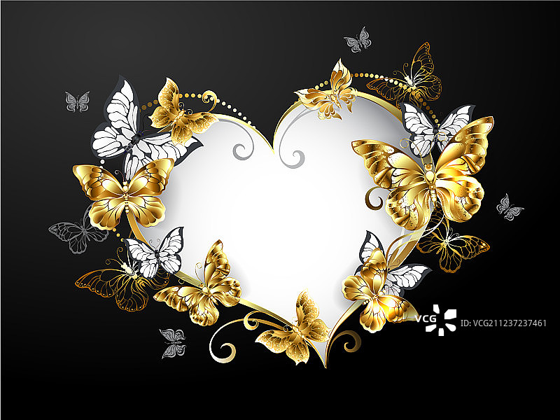 金色蝴蝶装饰的心形图片素材