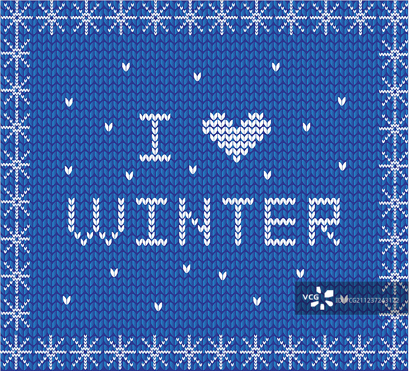 蓝色背景上的我爱冬季白色针织字样图片素材