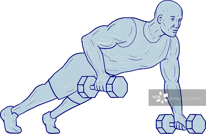 健身运动员单手哑铃俯卧撑图片素材