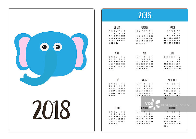 2018年袖珍日历，周日为每周第一天图片素材