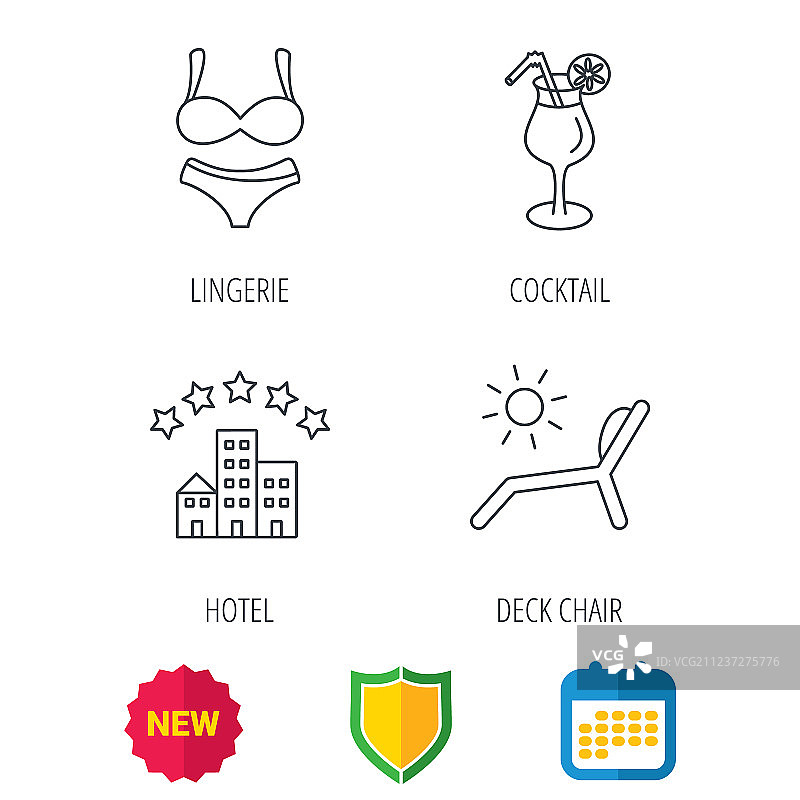 内衣、躺椅和鸡尾酒图标图片素材