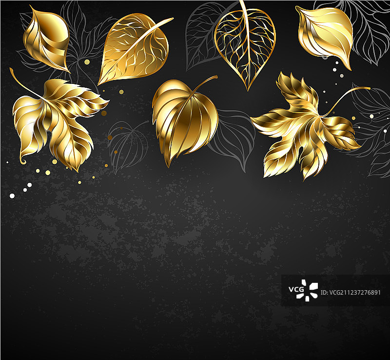 黑色背景上的金色树叶图片素材