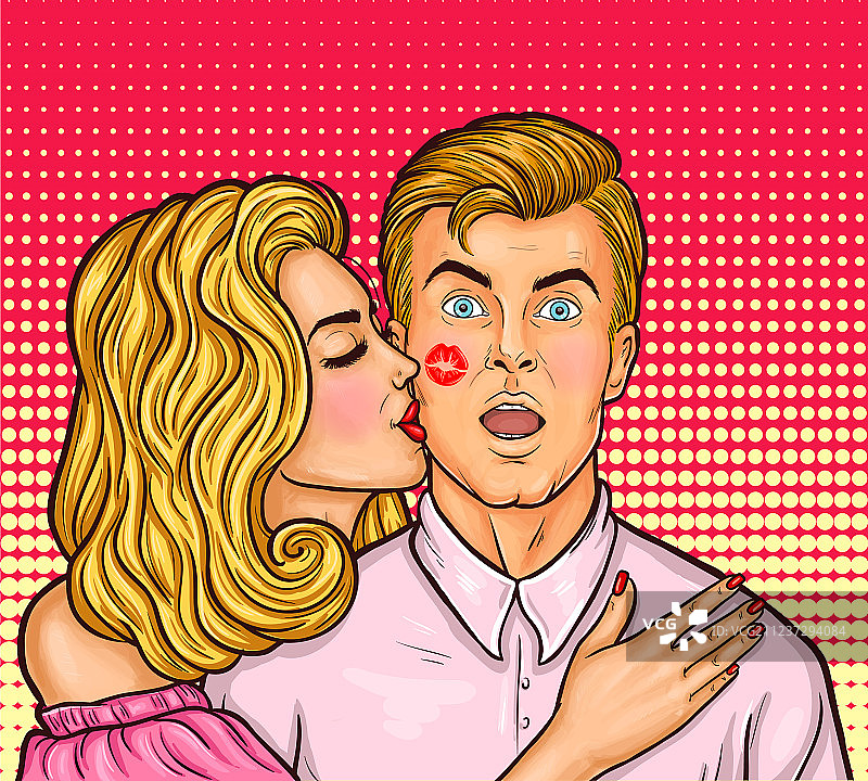 波普艺术穿着时尚的女性亲吻男人图片素材