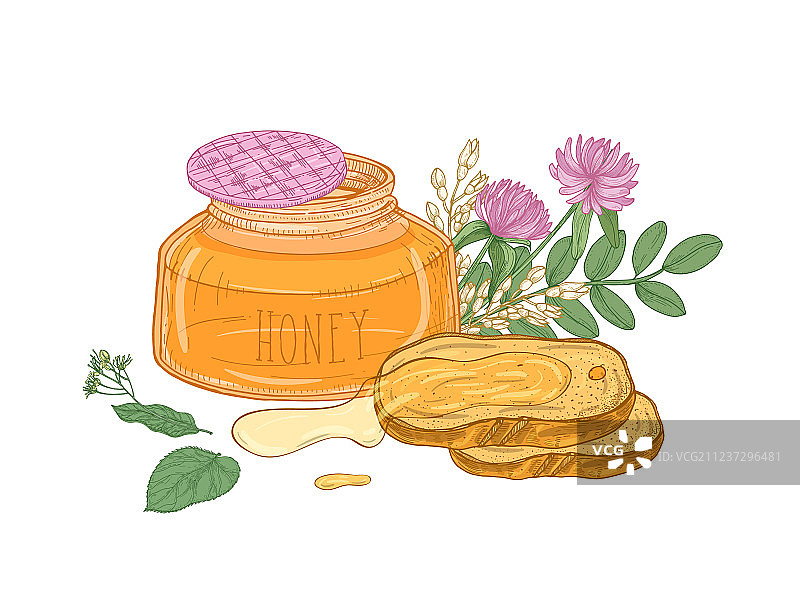 已打开的有机蜂蜜玻璃罐和面包图片素材