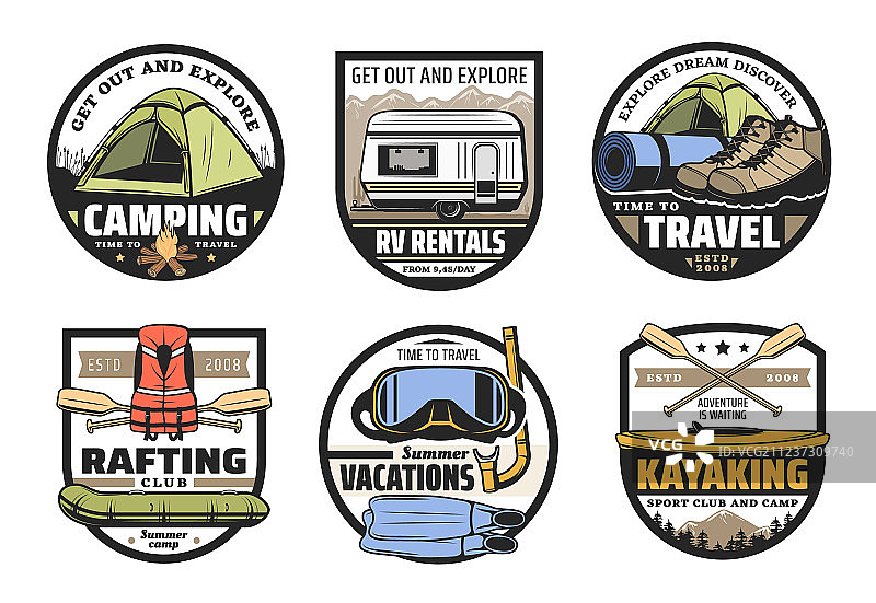露营帐篷、靴子、船、房车和皮划艇旅行图片素材
