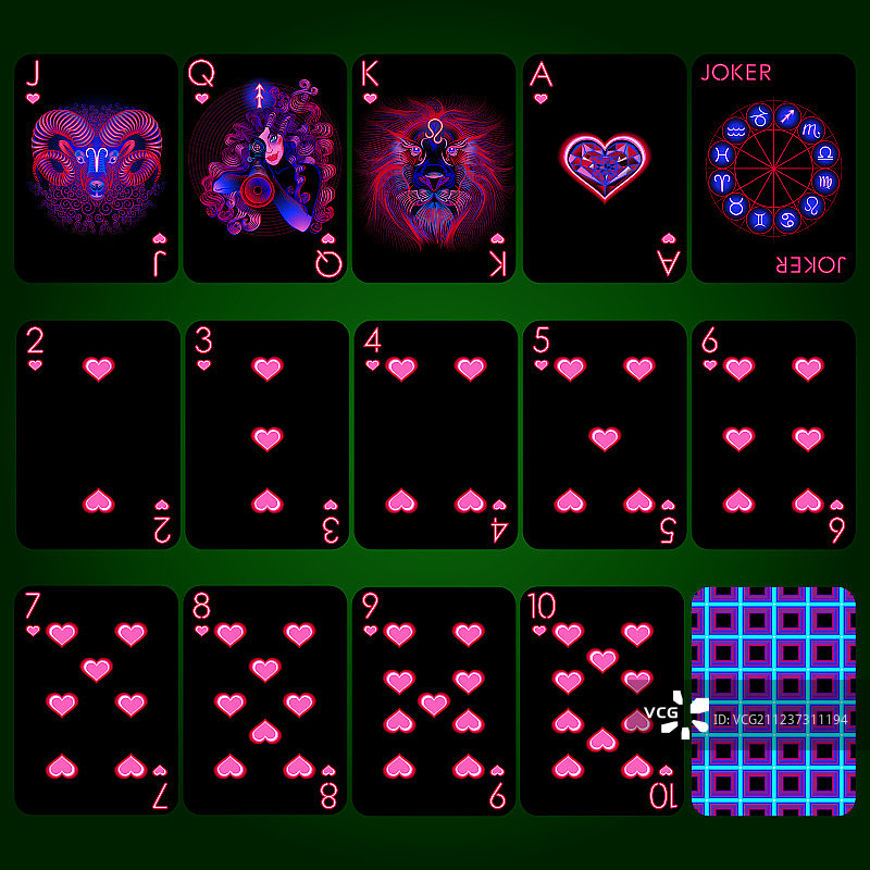 扑克牌系列霓虹灯十二生肖红心图片素材