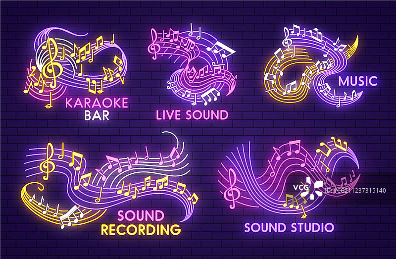带有音符和高音谱号的霓虹音乐标志图片素材