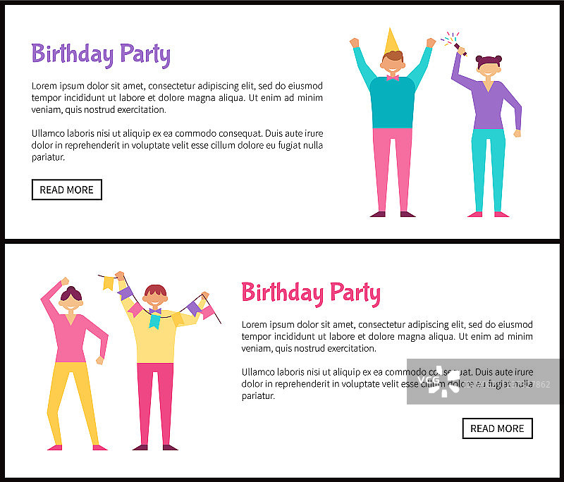 包含男士和女士的生日派对Web海报集图片素材