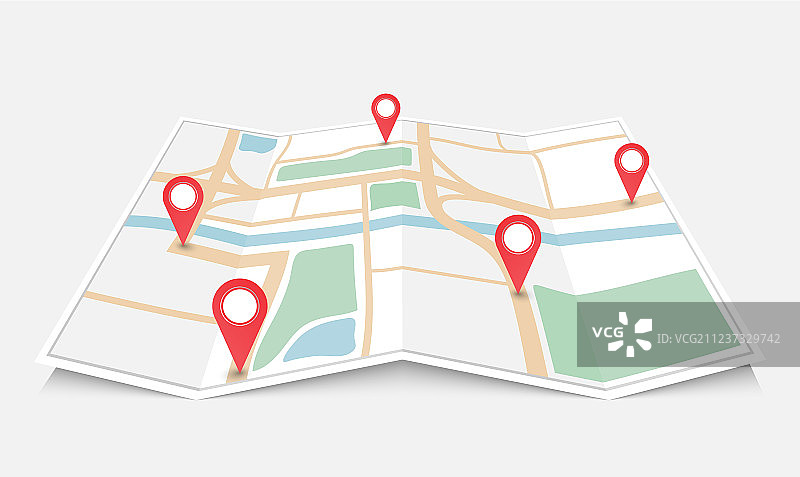 带红色图钉的折叠纸质城市地图图片素材