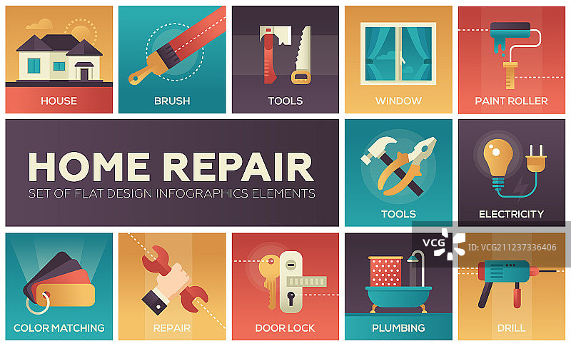 家居维修现代扁平风格图标集图片素材